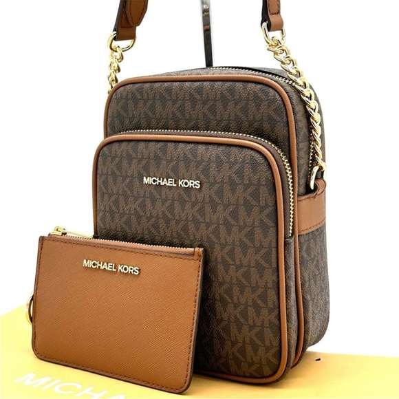 Michael Kors Medium NS Chain Xbody Bag & Small TZ Coinpouch w/ID Brown/Gold - Picture 1 of 14